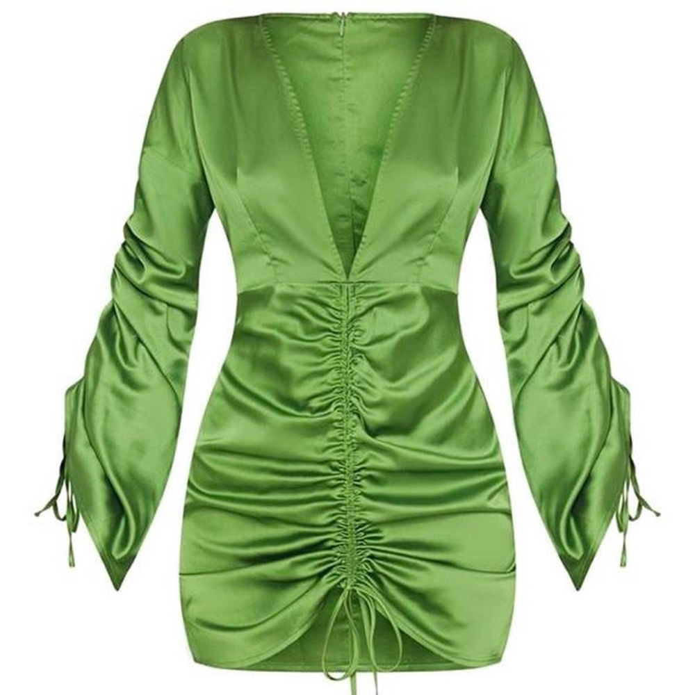 Green Satin V-Cut Dress